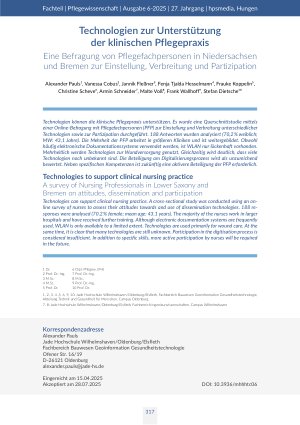 [doc_570118] Technologien zur Unterstützung der klinischen Pflegepraxis Eine Befragung von Pflegefachpersonen in Niedersachsen und Bremen zur Einstellung, Verbreitung und Partizipation