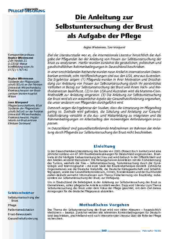 Die Anleitung zurSelbstuntersuchung der Brustals Aufgabe der Pflege