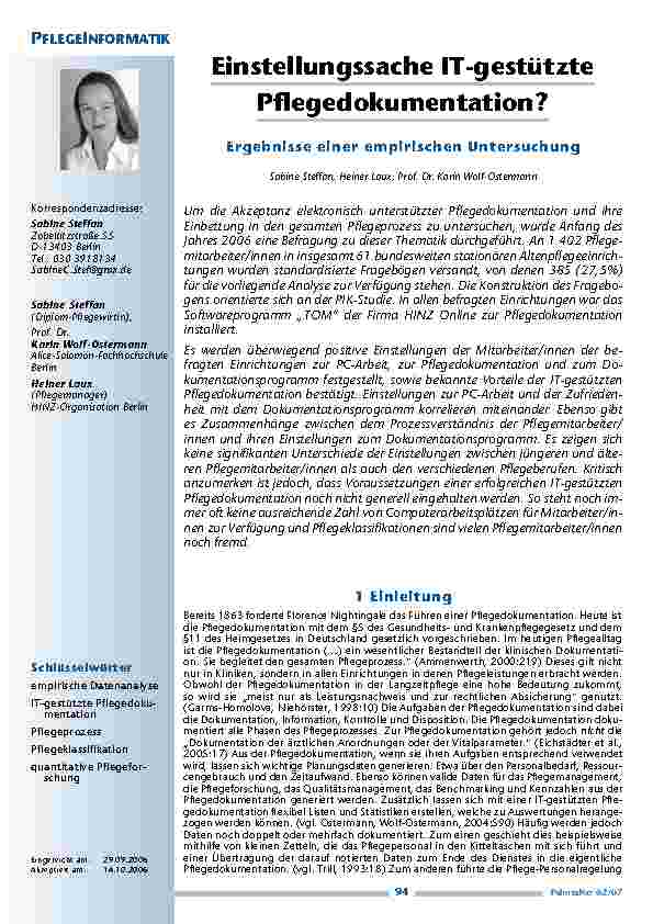 [doc_200416] Einstellungssache IT-gestütztePflegedokumentation? Ergebnisse einer empirischen Untersuchung