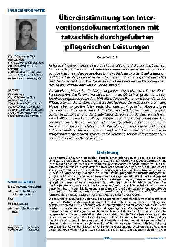 Übereinstimmung von Interventionsdokumentationen mittatsächlich durchgeführtenpflegerischen Leistungen