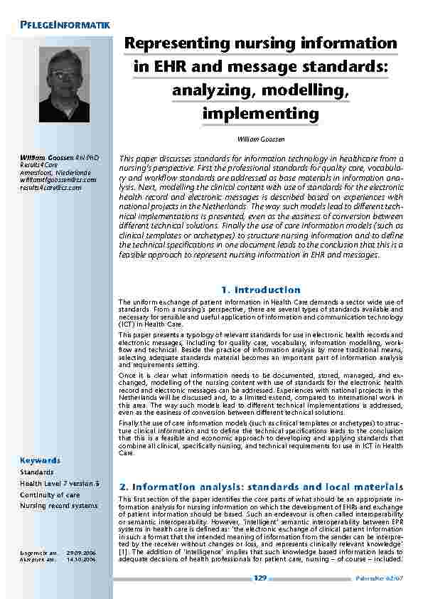 [doc_200410] Die Darstellung von Pflegeinformationendurch EHR (Electronic Health Record) und Nachrichtenstandards: Analyse, Gestaltung, Implementierung