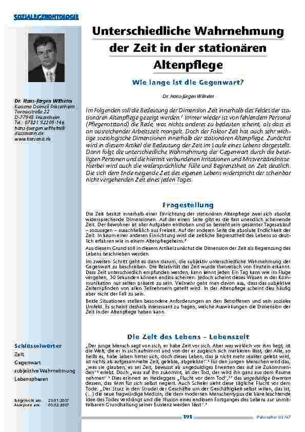 Unterschiedliche Wahrnehmungder Zeit in der stationärenAltenpflege