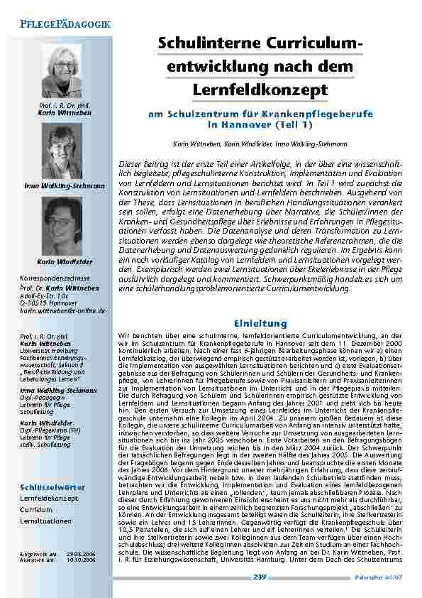 Schulinterne Curriculumentwicklung nach demLernfeldkonzeptam Schulzentrum für Krankenpflegeberufein Hannover (Teil 1)