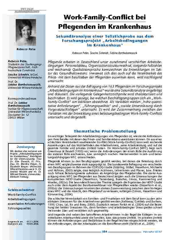 [doc_200392] Work-Family-Conflict beiPflegenden im Krankenhaus - Sekundäranalyse einer Teilstichprobe aus demForschungsprojekt „Arbeitsbedingungenim Krankenhaus“