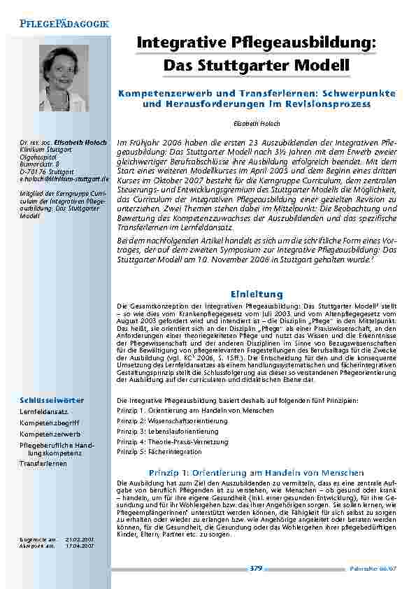 [doc_200384] Integrative Pflegeausbildung: Das Stuttgarter Modell - Kompetenzerwerb und Transferlernen: Schwerpunkteund Herausforderungen im Revisionsprozess