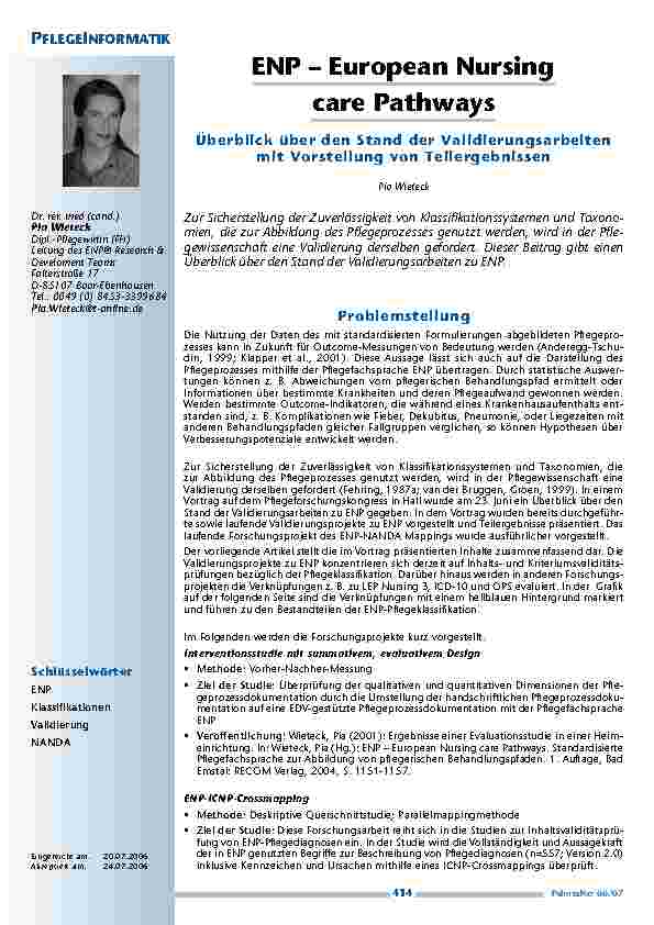 [doc_200380] ENP – European Nursing care Pathways:Überblick über den Stand der Validierungsarbeitenmit Vorstellung von Teilergebnissen