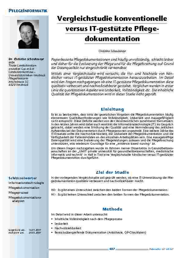 Vergleichstudie konventionelleversus IT-gestützte Pflegedokumentation