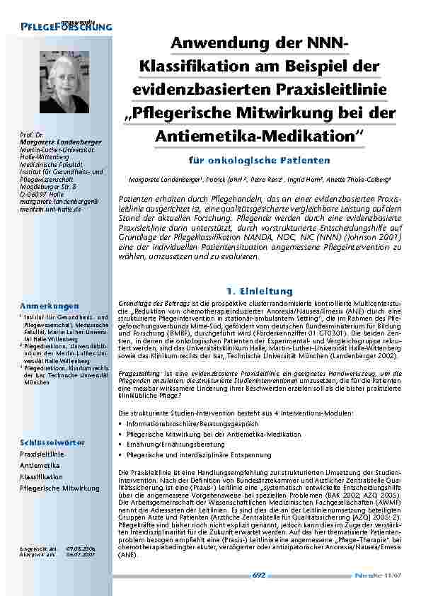[doc_200348] Anwendung der NNNKlassifikationam Beispiel derevidenzbasierten Praxisleitlinie„Pflegerische Mitwirkung bei derAntiemetika-Medikation“für onkologische Patienten
