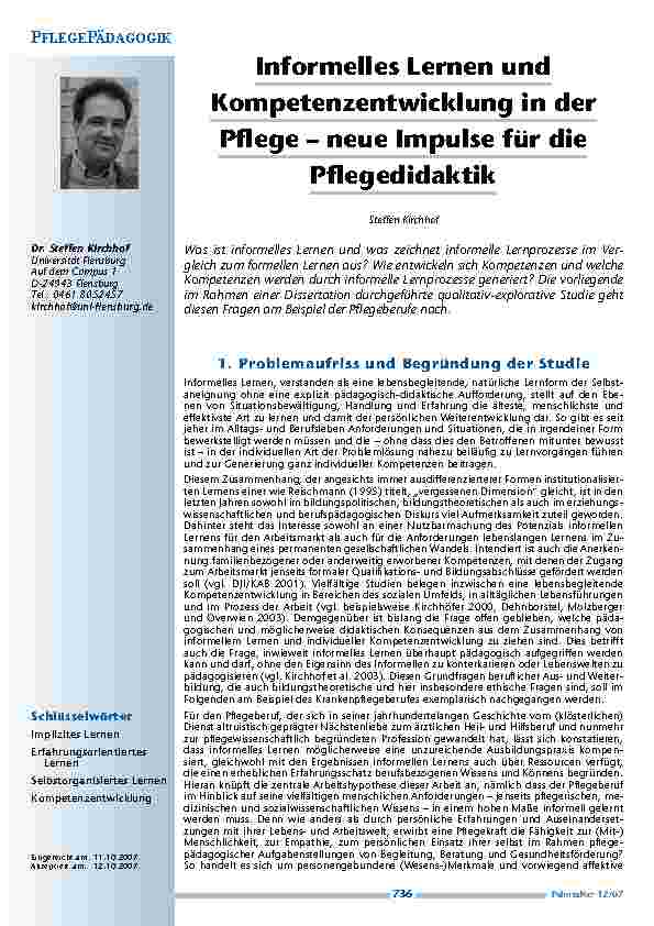 [doc_200344] Informelles Lernen und Kompetenzentwicklung in der Pflege – neue Impulse für die Pflegedidaktik