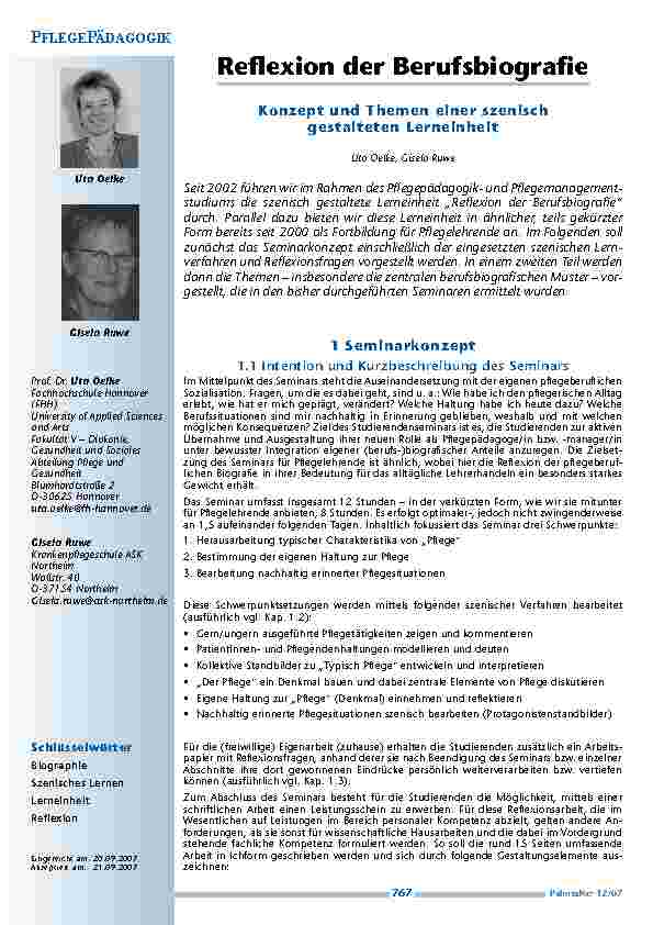 Reflexion der Berufsbiographie - Konzept und Themen einer szenisch gestalteten Lerneinheit