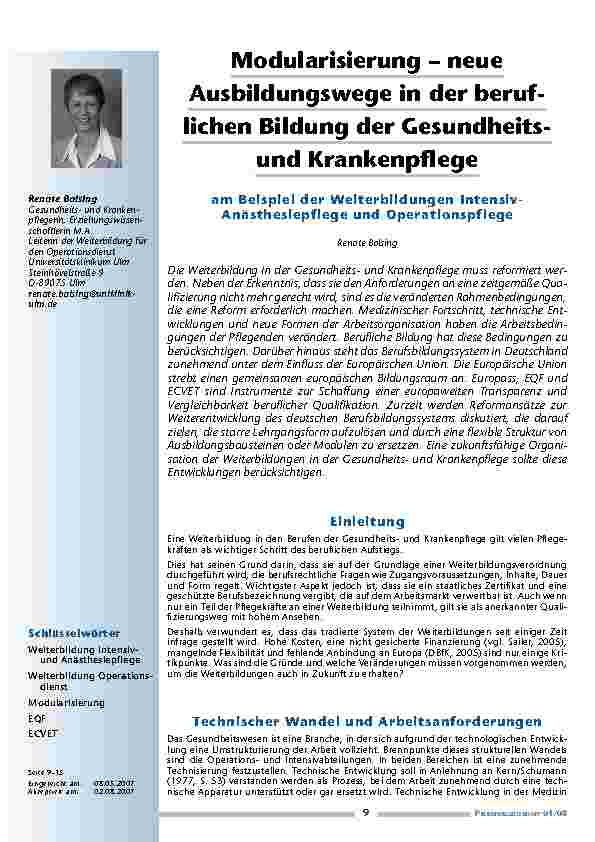 [doc_200337] Modularisierung – neueAusbildungswege in der beruflichenBildung der GesundheitsundKrankenpflege am Beispiel der Weiterbildungen Intensiv-Anästhesiepflege und Operationspflege
