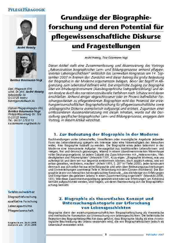 Grundzüge der Biographieforschung und deren Potential für pflegewissenschaftliche Diskurse und Fragestellungen