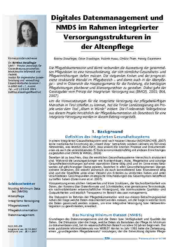 Digitales Datenmanagement und NMDS im Rahmen integrierter Versorgungsstrukturen in der Altenpflege