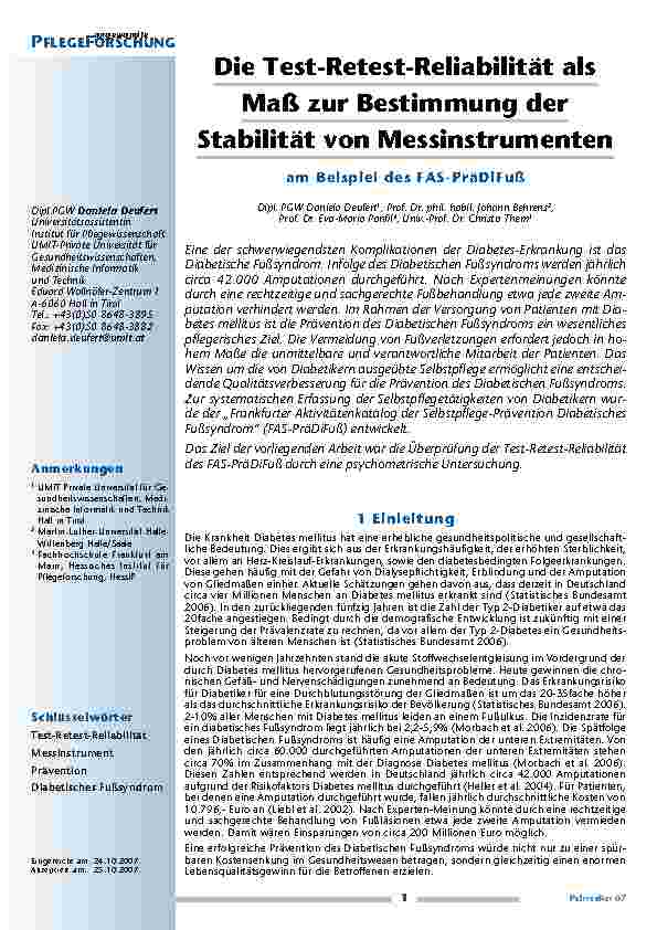 [doc_200266] Die Test-Retest-Reliabilität als Maß zur Bestimmung der Stabilität von Messinstrumenten am Beispiel des FAS-PräDiFuß