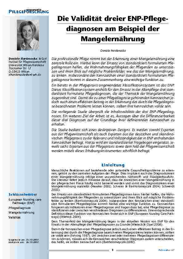 [doc_200263] Die Validität dreier ENP-Pflegediagnosen am Beispiel der Mangelernährung