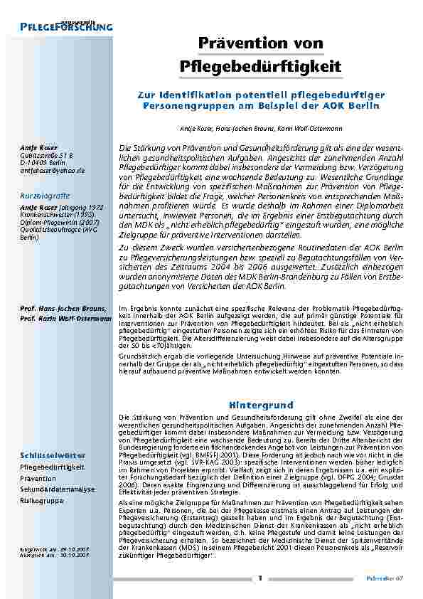 Prävention von Pflegebedürftigkeit - Zur Identifikation potentiell pflegebedürftigerPersonengruppen am Beispiel der AOK Berlin