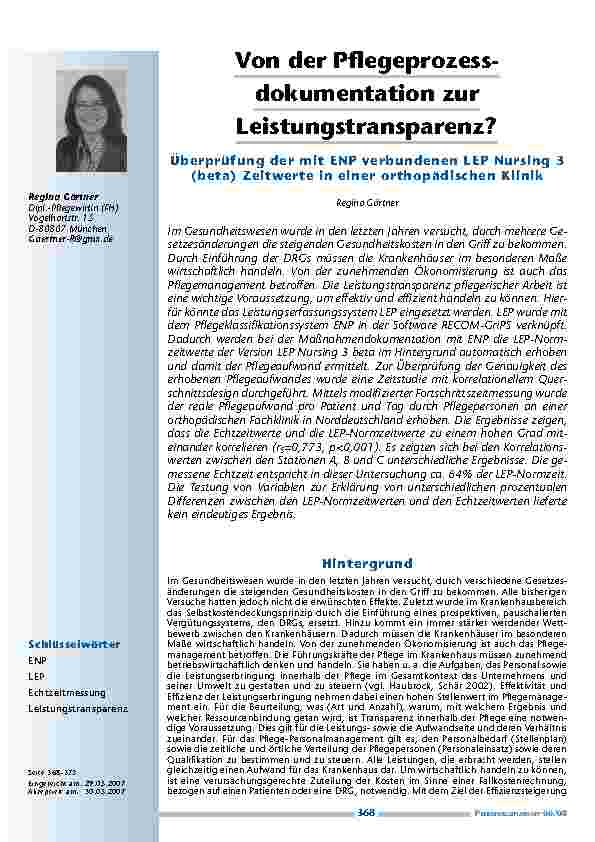 Von der Pflegeprozessdokumentation zur Leistungstransparenz? Überprüfung der mit ENP verbundenen LEP Nursing 3 (beta) Zeitwerte in einer orthopädischen Klinik