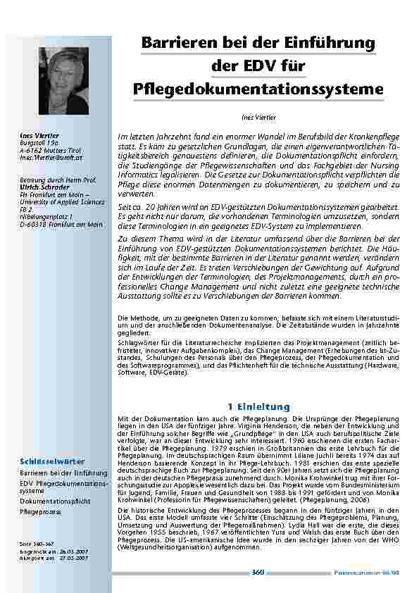 Barrieren bei der Einführung der EDV für Pflegedokumentationssysteme