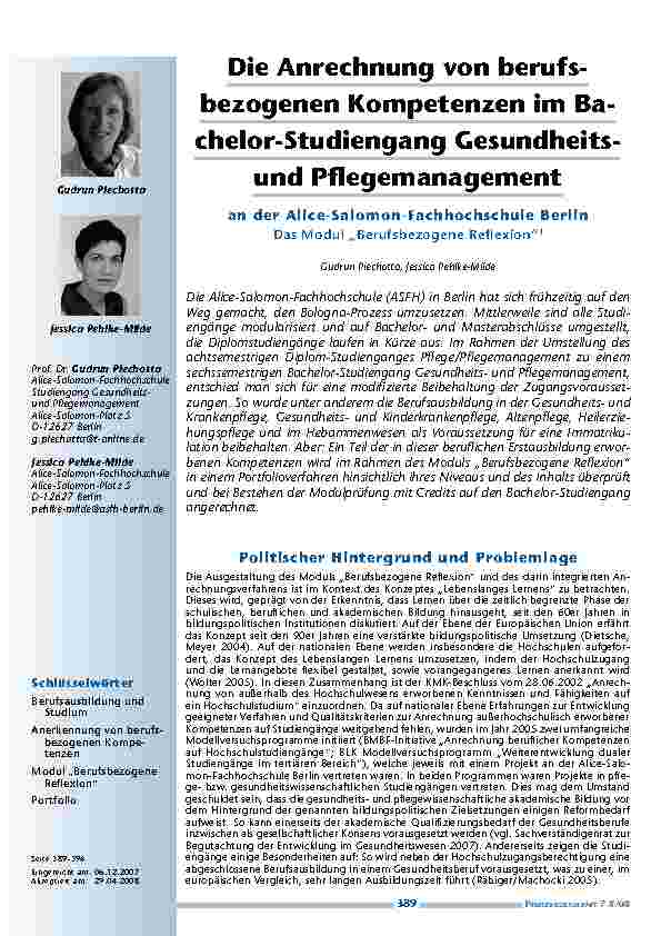 Die Anrechnung von berufsbezogenen Kompetenzen im Bachelor-Studiengang Gesundheitsund Pflegemanagement an der Alice-Salomon Fachhochschule Berlin. Das Modul „Berufsbezogene Reflexion“