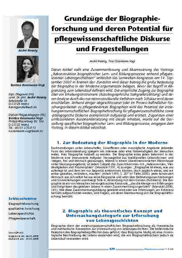 Grundzüge der Biographieforschung und deren Potential für pflegewissenschaftliche Diskurse und Fragestellungen