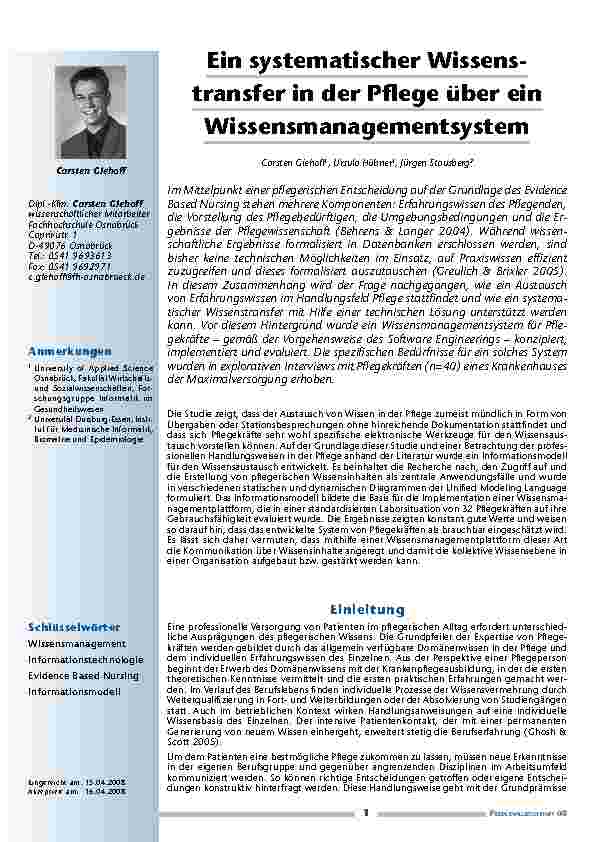 Ein systematischer Wissenstransfer in der Pflege über ein Wissensmanagementsystem