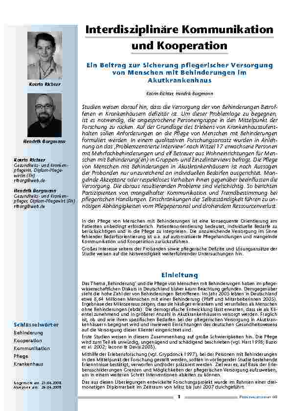 [doc_200230] Interdisziplinäre Kommunikation und Kooperation - Ein Beitrag zur Sicherung pflegerischer Versorgung von Menschen mit Behinderungen im Akutkrankenhaus