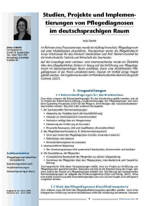 [doc_200229] Studien, Projekte und Implementierungen von Pflegediagnosen im deutschsprachigen Raum