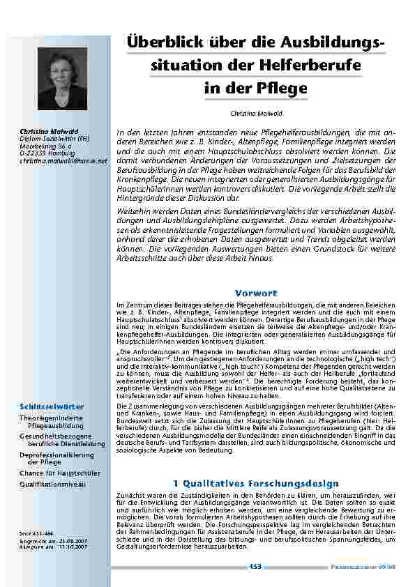 [doc_200225] Überblick über die Ausbildungssituation der Helferberufe in der Pflege