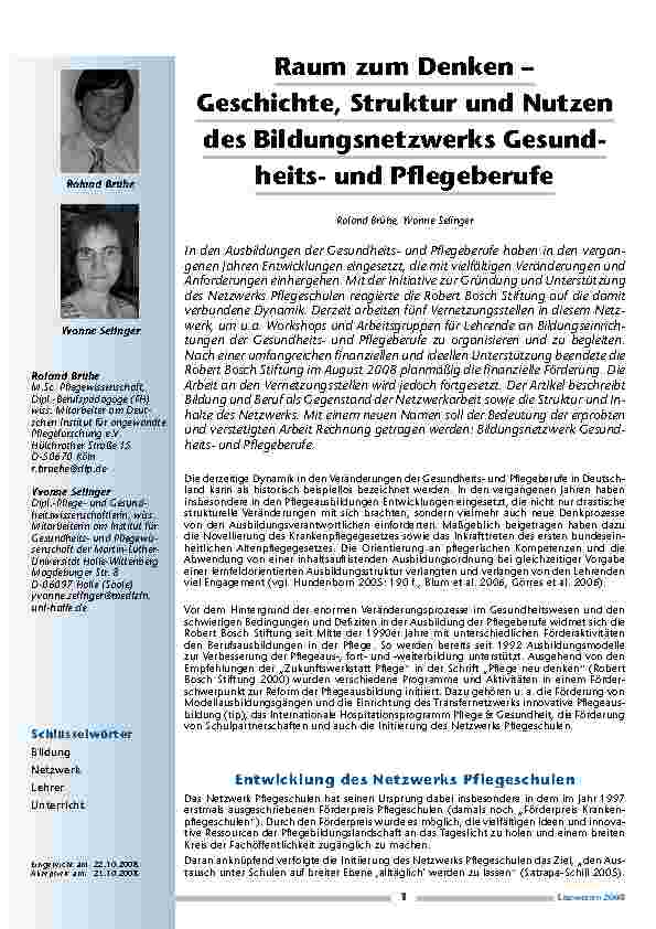 Raum zum Denken – Geschichte, Struktur und Nutzen des Bildungsnetzwerks Gesundheitsund Pflegeberufe