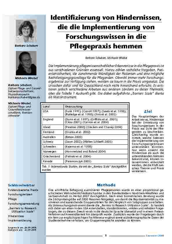 Identifizierung von Hindernissen, die die Implementierung von Forschungswissen in die Pflegepraxis hemmen