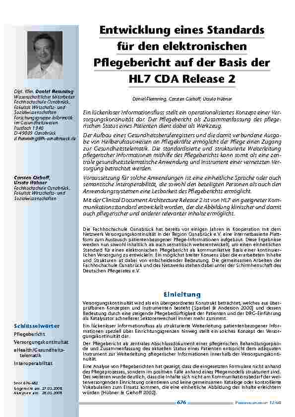 Entwicklung eines Standards für den elektronischen Pflegebericht auf der Basis der HL7 CDA Release 2