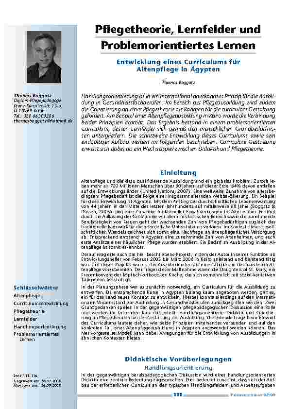 [doc_200171] Pflegetheorie, Lernfelder und Problemorientiertes Lernen – Entwicklung eines Curriculums für Altenpflege in Ägypten