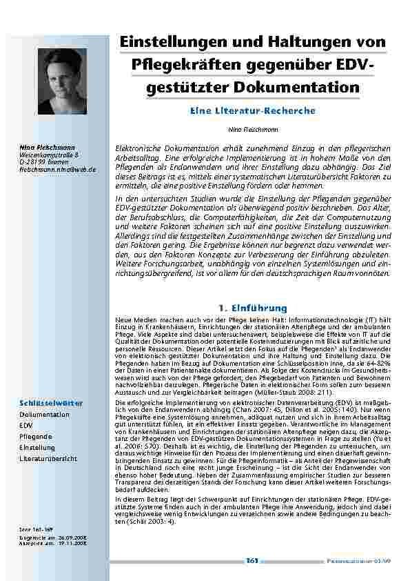 [doc_200165] Einstellungen und Haltungen von Pflegekräften gegenüber EDV-gestützter DokumentationEine Literatur-Recherche