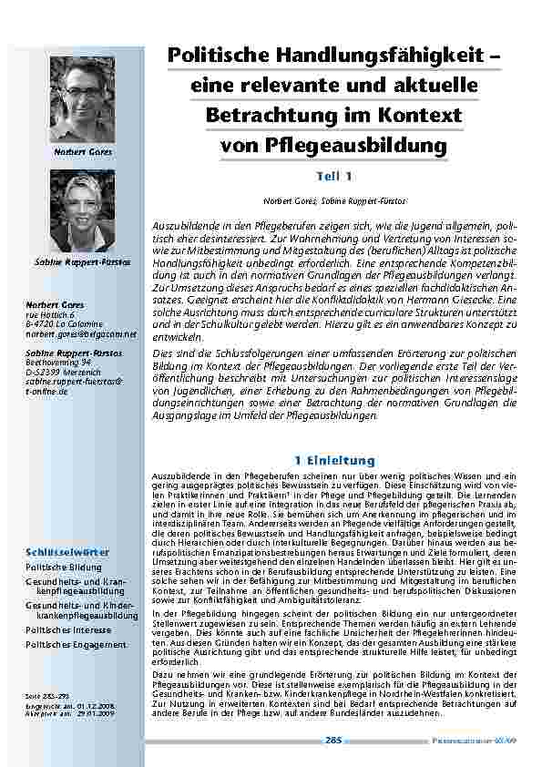 Politische Handlungsfähigkeit – eine relevante und aktuelle Betrachtung im Kontext von Pflegeausbildung	Teil 1