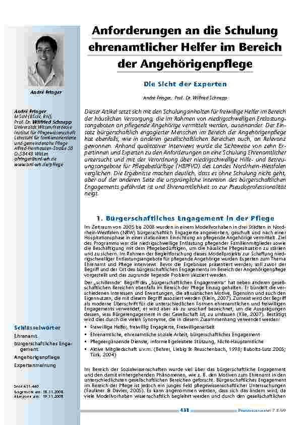 Anforderungen an die Schulung ehrenamtlicher Helfer im Bereich der Angehörigenpflege. Die Sicht der Experten