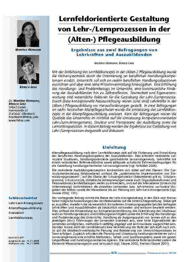 [doc_200132] Lernfeldorientierte Gestaltung von Lehr-/Lernprozessen in der (Alten-)Pflegeausbildung – Ergebnisse aus zwei Befragungen von Lehrkräften und Auszubildenden
