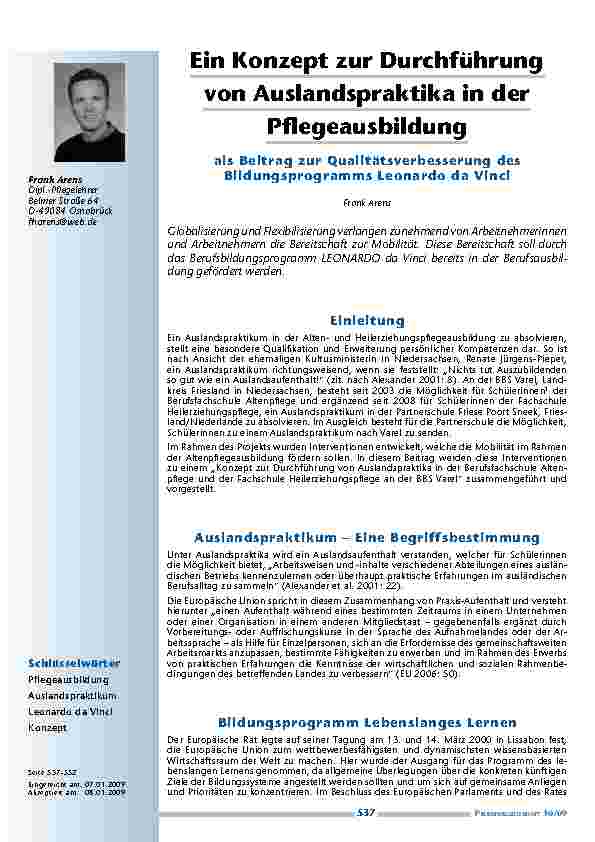 Ein Konzept zur Durchführung von Auslandspraktika in der Pflegeausbildung als Beitrag zur Qualitätsverbesserung des Bildungsprogramms Leonardo da Vinci