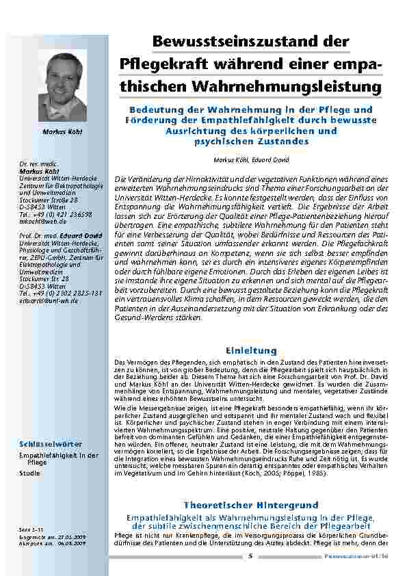 Bewusstseinszustand der Pflegekraft während einer empathischen Wahrnehmungsleistung – Bedeutung der Wahrnehmung in der Pflege und Förderung der Empathiefähigkeit durch bewusste Ausrichtung des körperlichen und psychischen Zustandes