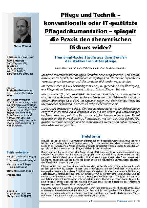 Pflege und Technik – konventionelle oder IT-gestützte Pflegedokumentation – spiegelt die Praxis den theoretischen Diskurs wider? Eine empirische Studie aus dem Bereich der stationären Altenpflege