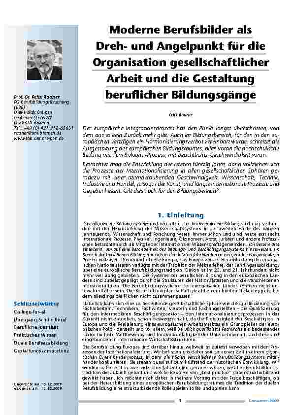 Moderne Berufsbilder als Drehund Angelpunkt f und uuml; r die Organisation gesellschaftlicher Arbeit und die Gestaltung beruflicher Bildungsg und auml; nge