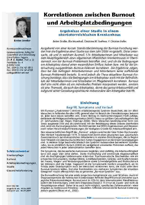 Korrelationen zwischen Burnout und Arbeitsplatzbedingungen – Ergebnisse einer Studie in einem oberösterreichischen Krankenhaus