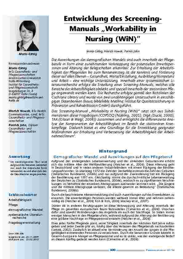 [doc_200063] Entwicklung des Screening-Manuals „Workability in Nursing (WiN)”