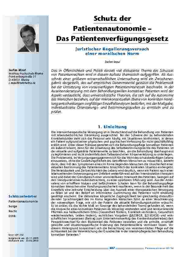 Schutz der Patientenautonomie. Das Patientenverfügungsgesetz – juristischer Regulierungsversuch einer moralischen Norm