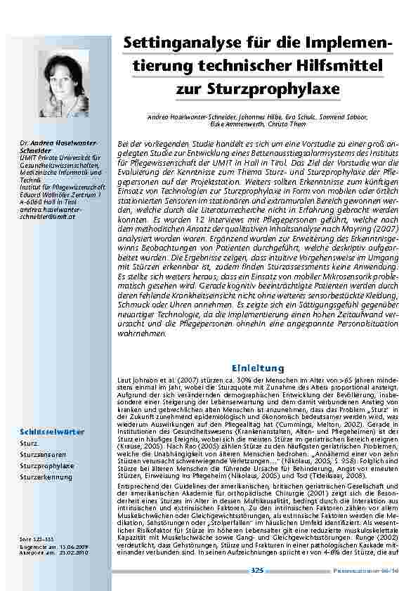[doc_200060] Settinganalyse für die Implementierung technischer Hilfsmittel zur Sturzprophylaxe