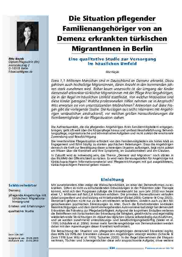 Die Situation pflegender Familienangehöriger von an Demenz erkrankten türkischen MigrantInnen in Berlin – Eine qualitative Studie zur Versorgung im häuslichen Umfeld