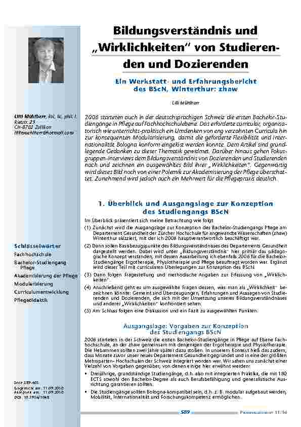 Bildungsverständnis und „Wirklichkeiten“ von Studierenden und Dozierenden – Ein Werkstattund Erfahrungsbericht des BScN, Winterthur: zhaw
