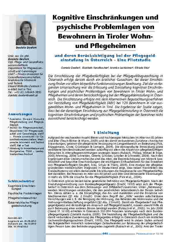 Kognitive Einschränkungen und psychische Problemlagen von Bewohnern in Tiroler Wohnund Pflegeheimen und deren Berücksichtigung bei der Pflegegeldeinstufung in Österreich – Eine Pilotstudie