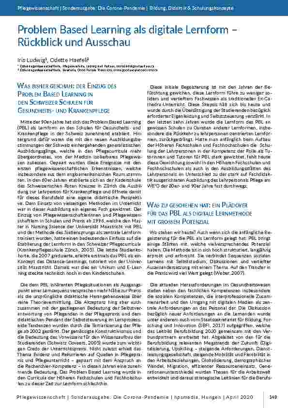 [doc_196817] Problem Based Learning als digitale Lernform – Rückblick und Ausblick