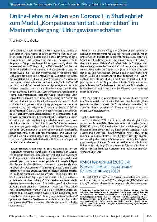 [doc_196816] Online-Lehre zu Zeiten von Corona: Ein Studienbrief zum Modul „Kompetenzorientiertes Unterrichten“ im Masterstudiengang Bildungswissenschaften