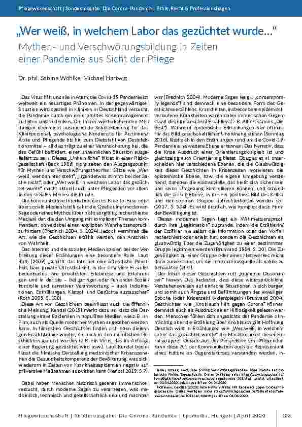 [doc_196811] „Wer weiß, in welchem Labor das gezüchtet wurde…“ Mythenund Verschwörungsbildung in Zeiten einer Pandemie aus Sicht der Pflege